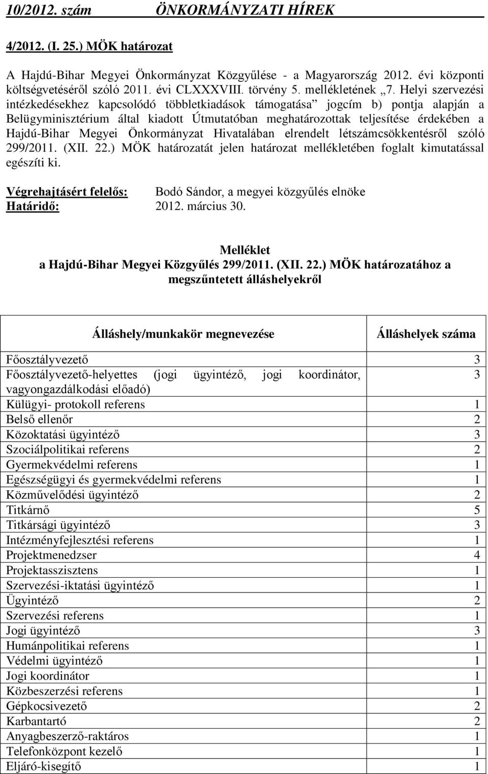 Megyei Önkormányzat Hivatalában elrendelt létszámcsökkentésről szóló 299/2011. (XII. 22.) MÖK határozatát jelen határozat mellékletében foglalt kimutatással egészíti ki.