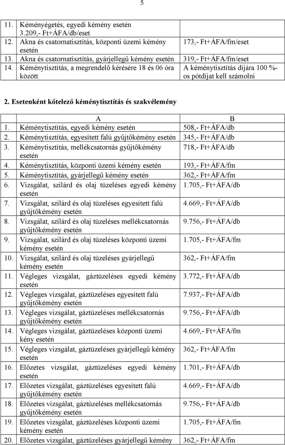 Esetenként kőtelező kéménytisztítás és szakvélemény A B 1. Kéménytisztítás, egyedi kémény 508,- Ft+ÁFA/db 2. Kéménytisztítás, egyesített falú gyűjtőkémény 345,- Ft+ÁFA/db 3.