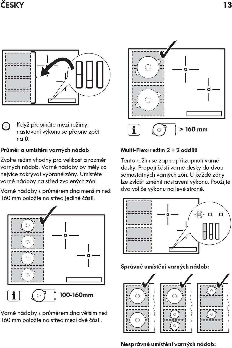 > 160 mm Multi-Flexi režim 2 + 2 oddílů Tento režim se zapne při zapnutí varné desky. Propojí části varné desky do dvou samostatných varných zón.