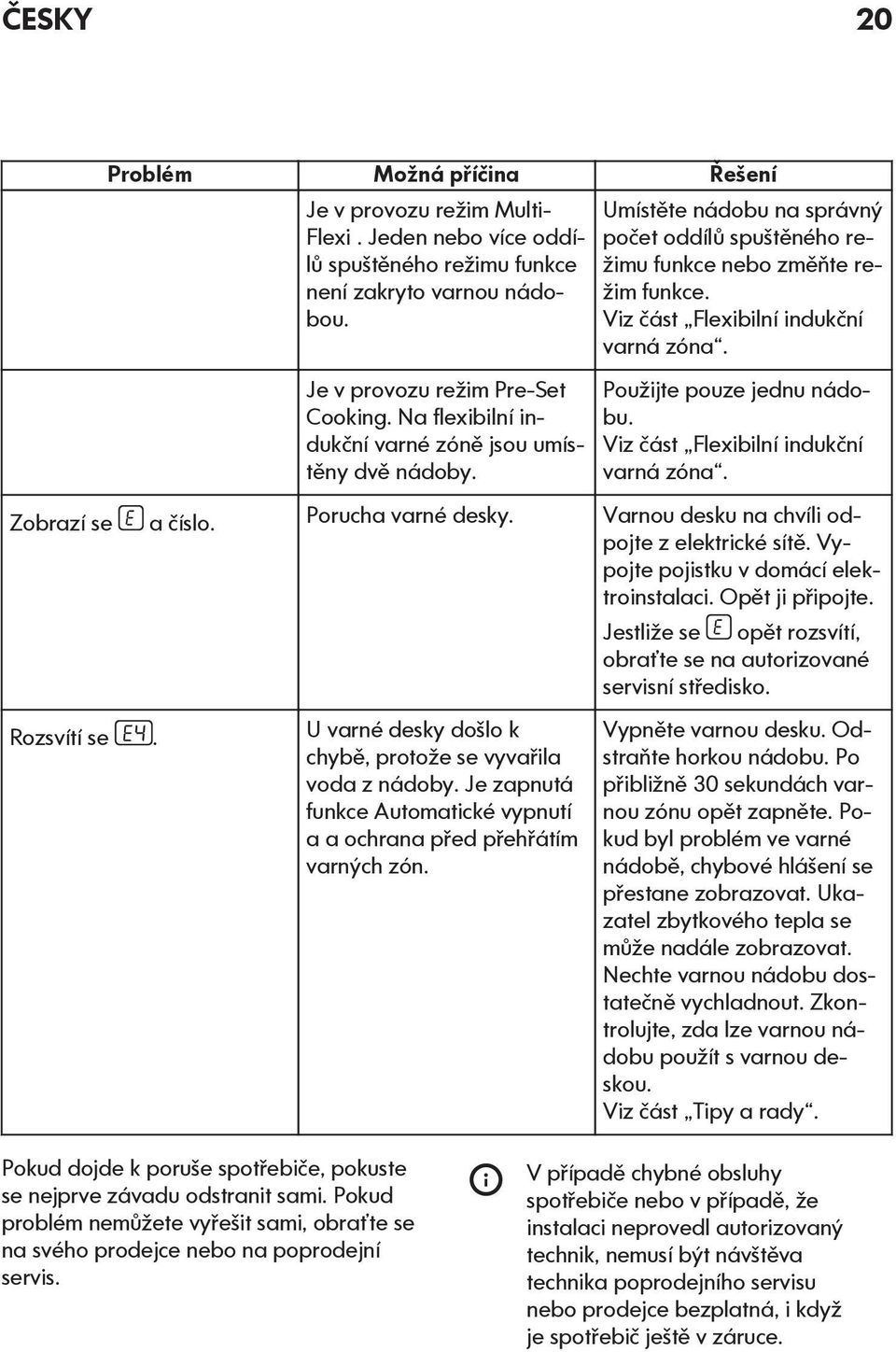 Použijte pouze jednu nádobu. Viz část Flexibilní indukční varná zóna. Zobrazí se a číslo. Porucha varné desky. Varnou desku na chvíli odpojte z elektrické sítě.