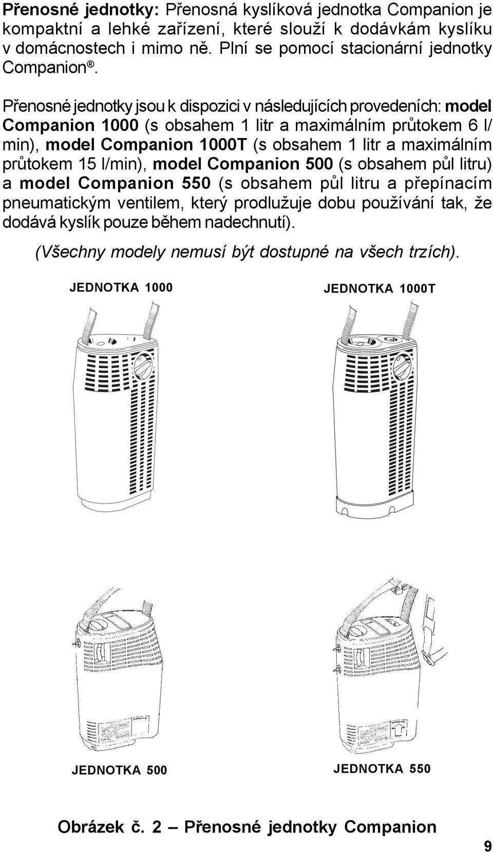 Přenosné jednotky jsou k dispozici v následujících provedeních: model Companion 1000 (s obsahem 1 litr a maximálním průtokem 6 l/ min), model Companion 1000T (s obsahem 1 litr a maximálním