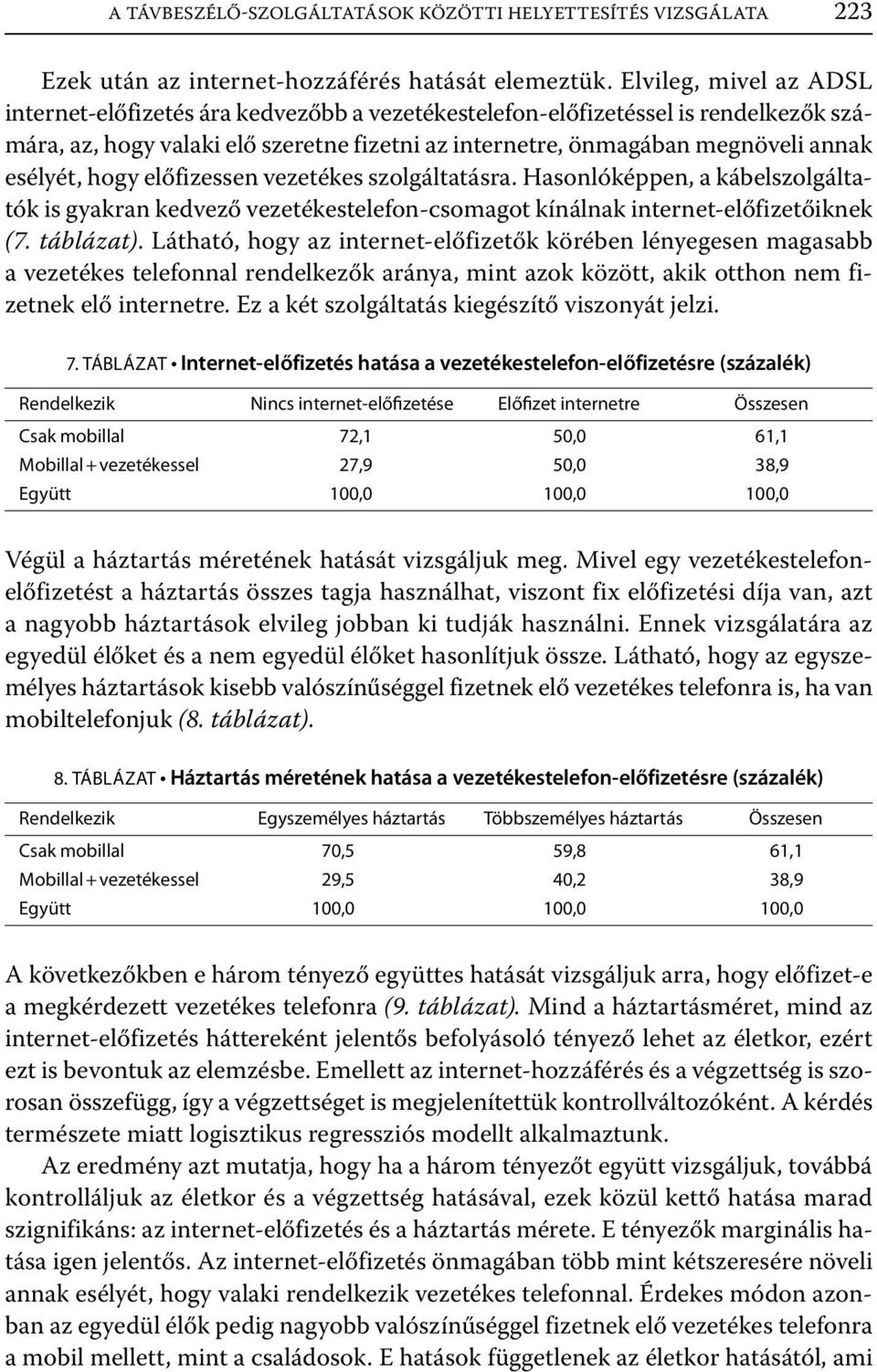 esélyét, hogy előfizessen vezetékes szolgáltatásra. Hasonlóképpen, a kábelszolgáltatók is gyakran kedvező vezetékestelefon-csomagot kínálnak internet-előfizetőiknek (7. táblázat).