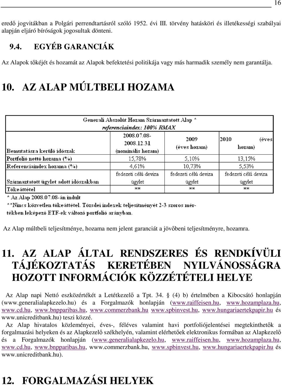 AZ ALAP MÚLTBELI OZAMA Az Alap múltbeli teljesítménye, hozama nem jelent garanciát a jövıbeni teljesítményre, hozamra. 11.