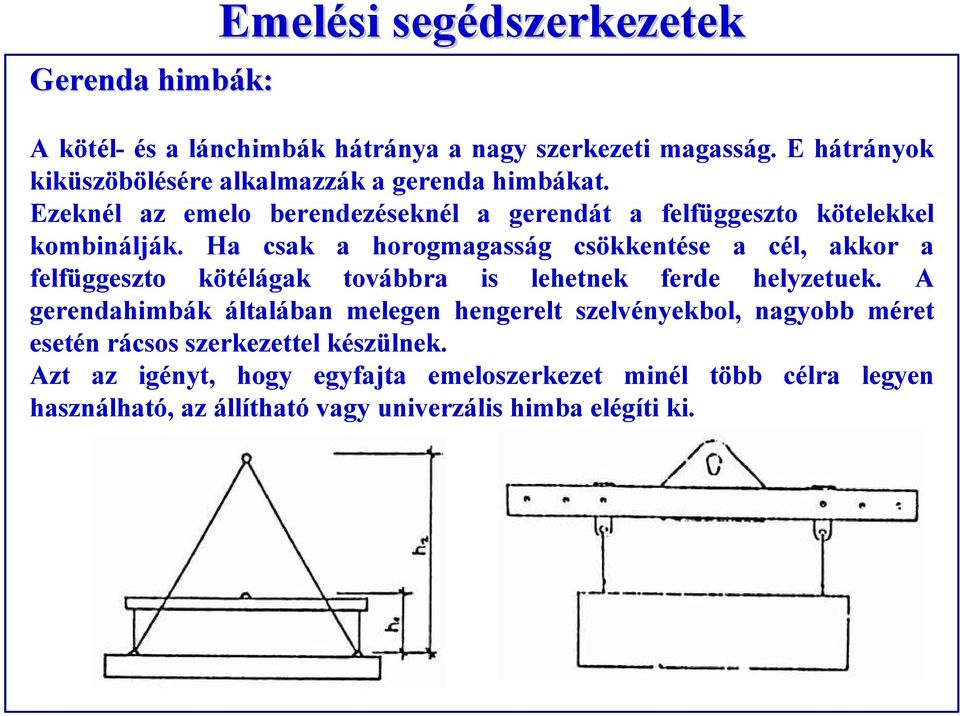 Ha csak a horogmagasság csökkentése a cél, akkor a felfüggeszto kötélágak továbbra is lehetnek ferde helyzetuek.