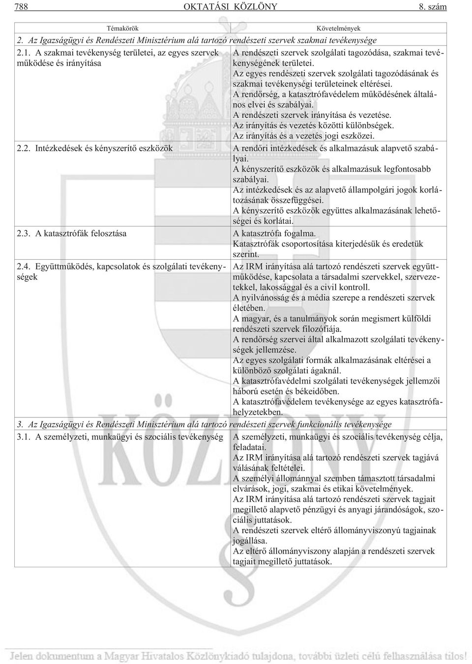 mûködése és irányítása Az egyes rendészeti szervek szolgálati tagozódásának és szakmai tevékenységi területeinek eltérései. A rendõrség, a katasztrófavédelem mûködésének általános elvei és szabályai.