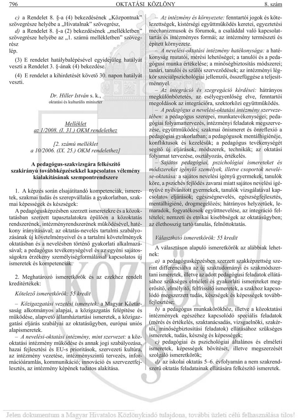 Hiller István s. k., oktatási és kulturális miniszter Melléklet az 1/2008. (I. 31.) OKM rendelethez [2. számú melléklet a 10/2006. (IX. 25.