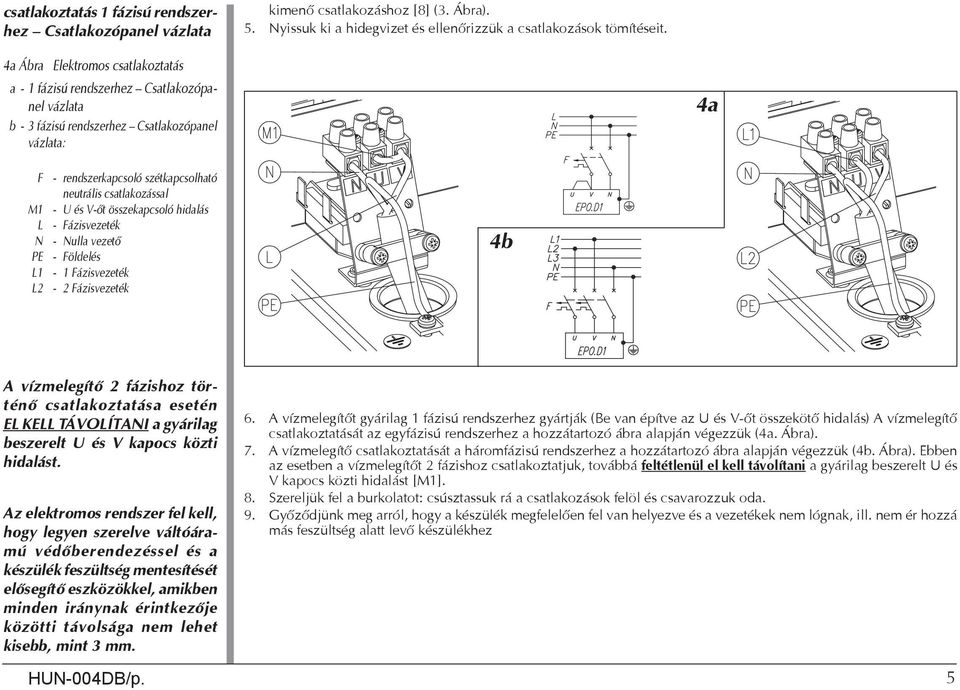 M1 - U és V-őt összekapcsoló hidalás L - Fázisvezeték N - Nulla vezető PE - Földelés L1-1 Fázisvezeték L2-2 Fázisvezeték 4b A vízmelegítő 2 fázishoz történő csatlakoztatása esetén EL KELL TÁVOLÍTANI