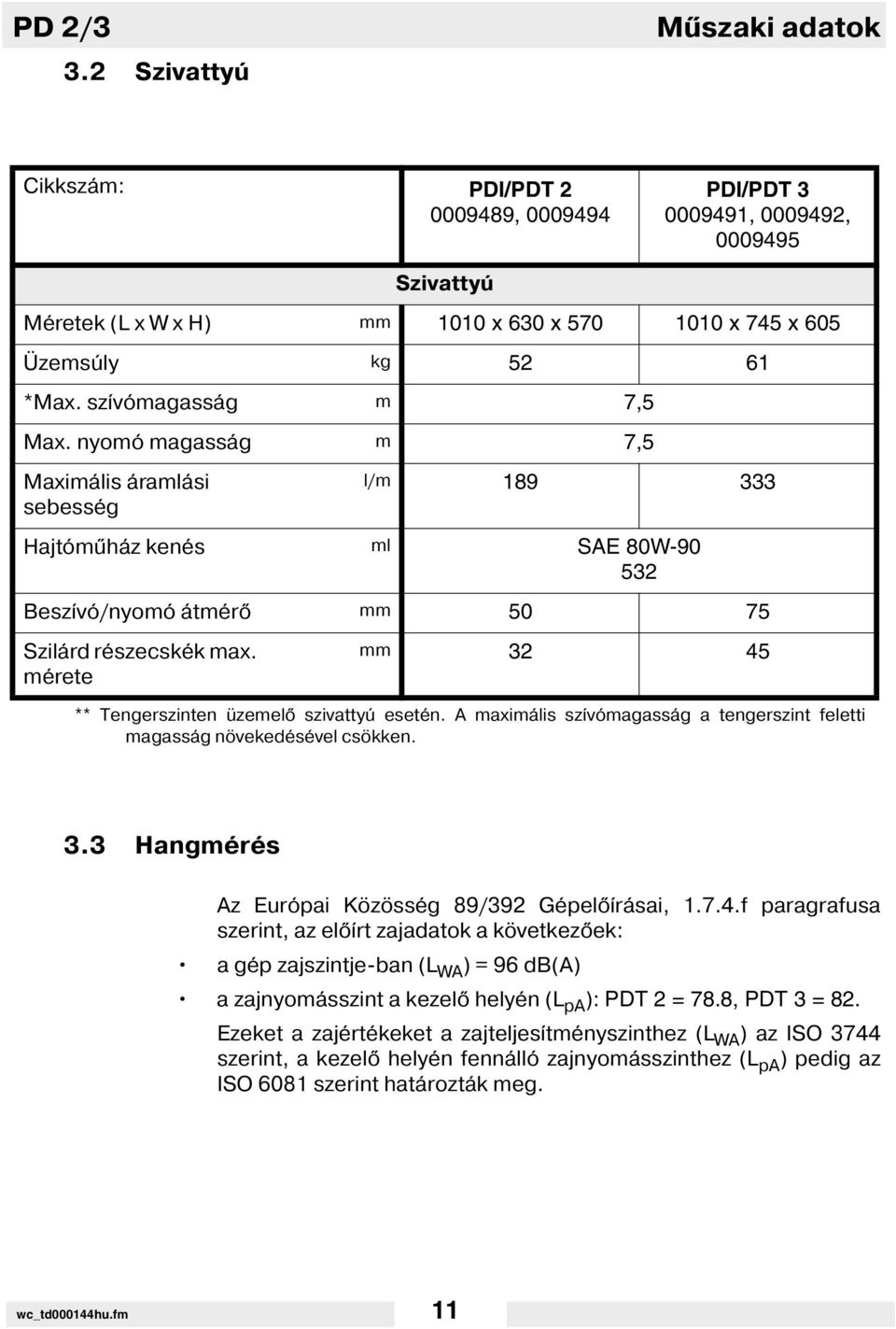 mérete mm 32 45 ** Tengerszinten üzemel szivattyú esetén. A maximális sz vómagasság a tengerszint feletti magasság növekedésével csökken. 3.3 Hangmérés Az Európai Közösség 89/392 Gépel rásai, 1.7.4.f paragrafusa szerint, az el rt zajadatok a következ ek: a gép zajszintje-ban (L WA ) = 96 db(a) a zajnyomásszint a kezel helyén (L pa ): PDT 2 = 78.