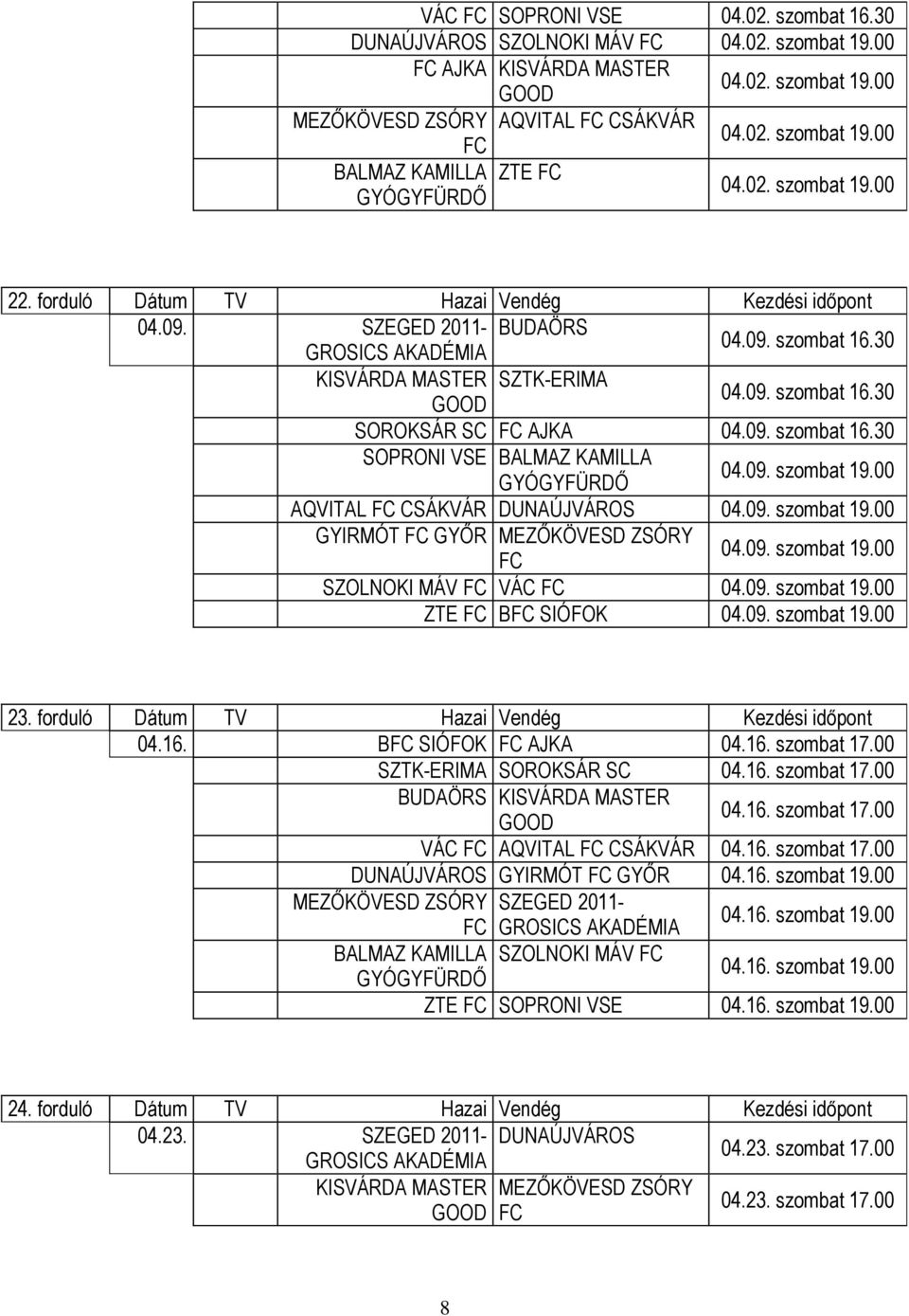 09. szombat 19.00 AQVITAL CSÁKVÁR DUNAÚJVÁROS 04.09. szombat 19.00 GYIRMÓT GYŐR MEZŐKÖVESD ZSÓRY 04.09. szombat 19.00 SZOLNOKI MÁV VÁC 04.09. szombat 19.00 ZTE B SIÓFOK 04.09. szombat 19.00 23.
