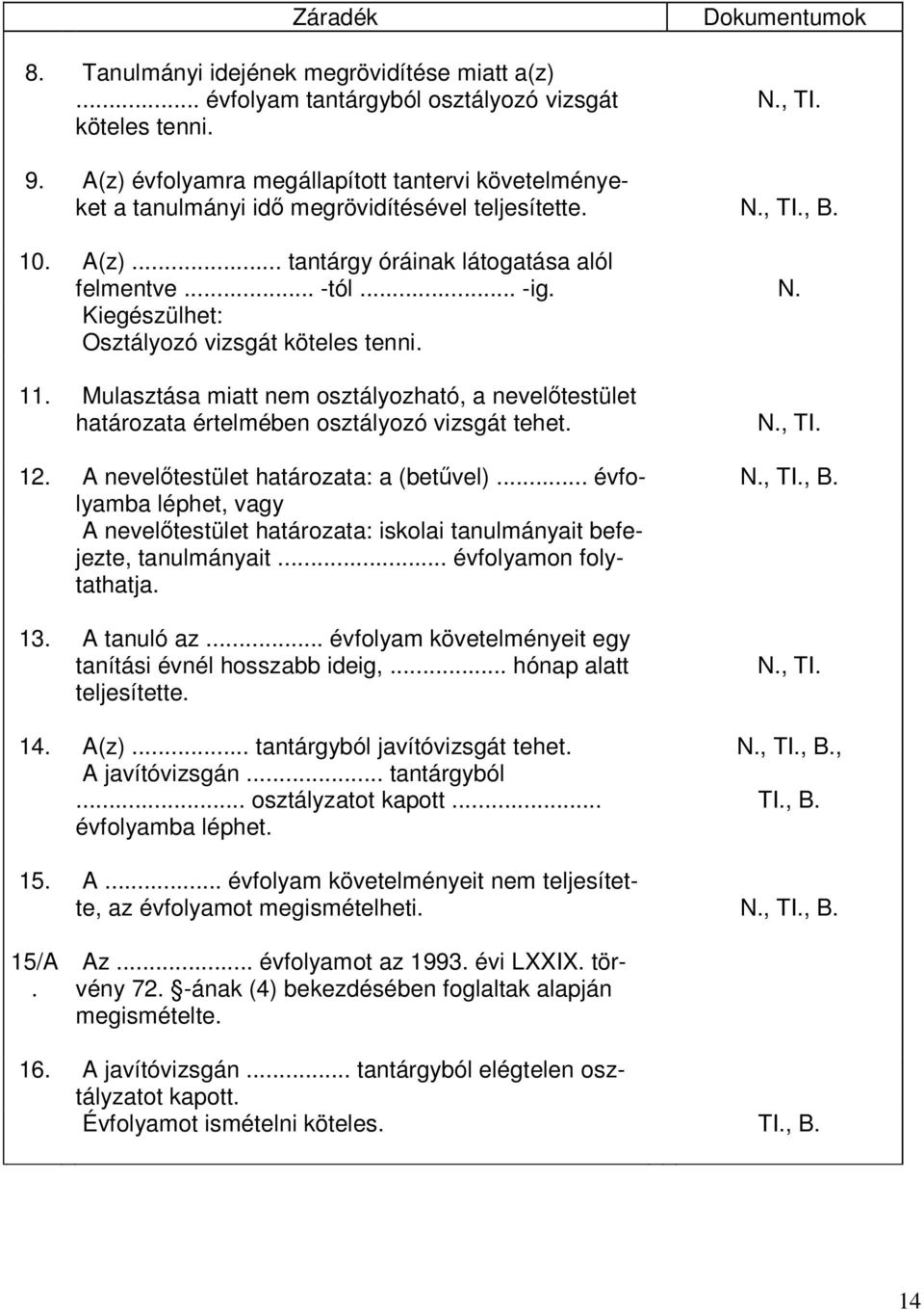 11. Mulasztása miatt nem osztályozható, a nevelőtestület határozata értelmében osztályozó vizsgát tehet. 12. A nevelőtestület határozata: a (betűvel).