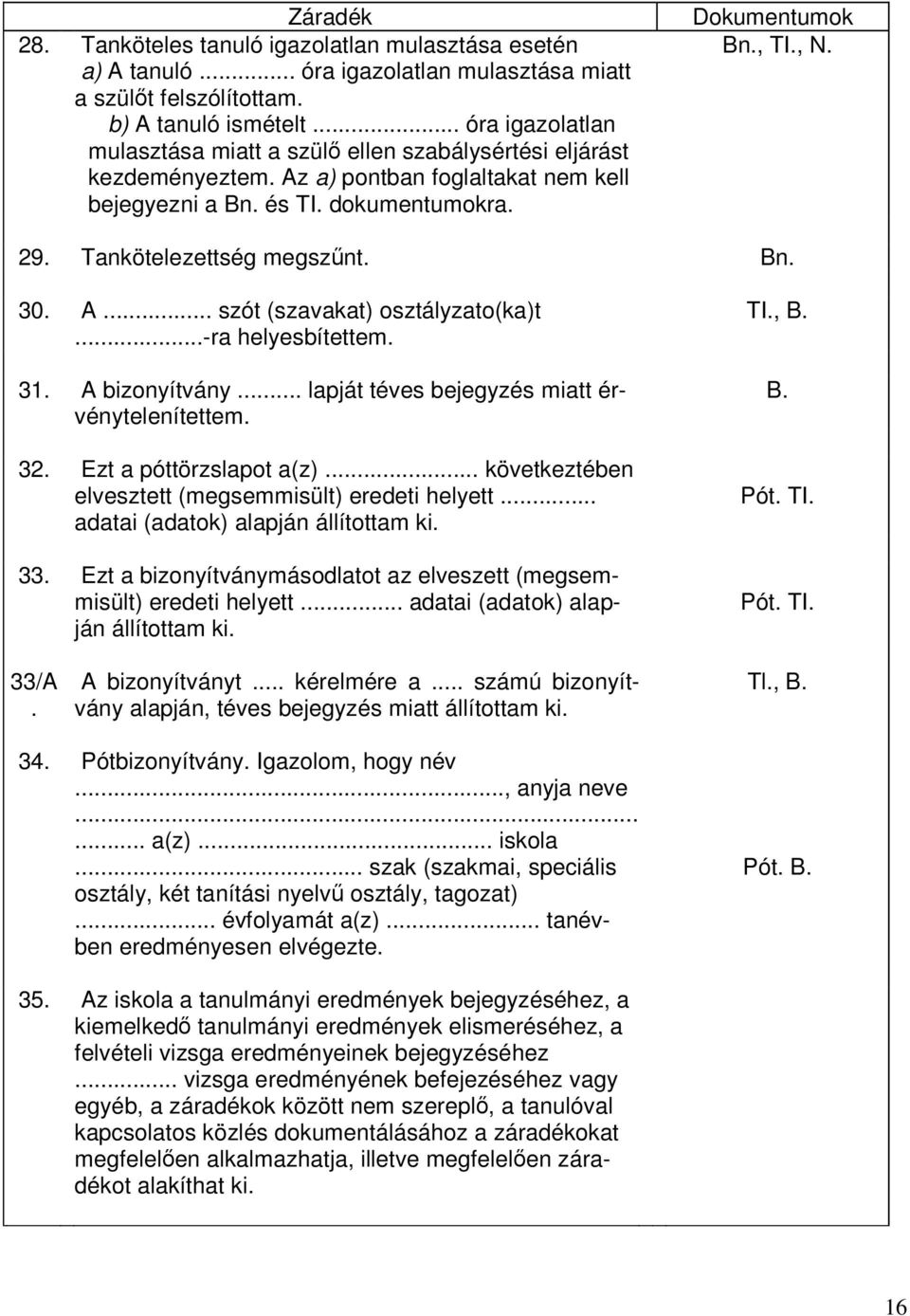 A... szót (szavakat) osztályzato(ka)t...-ra helyesbítettem. 31. A bizonyítvány... lapját téves bejegyzés miatt érvénytelenítettem. 32. Ezt a póttörzslapot a(z).