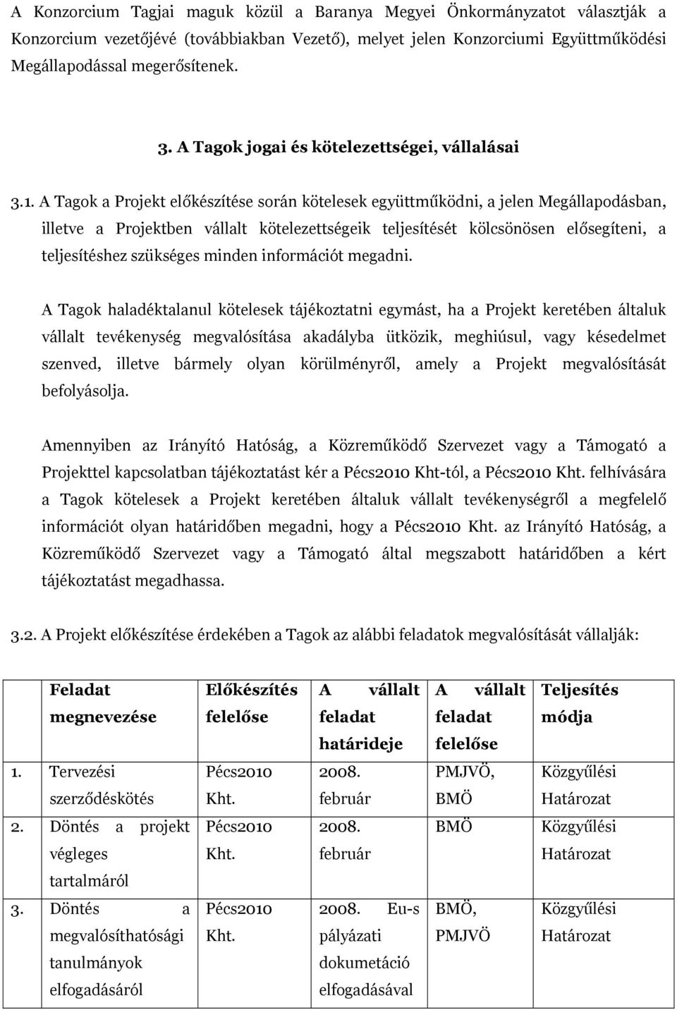 A Tagok a Projekt előkészítése során kötelesek együttműködni, a jelen Megállapodásban, illetve a Projektben vállalt kötelezettségeik teljesítését kölcsönösen elősegíteni, a teljesítéshez szükséges