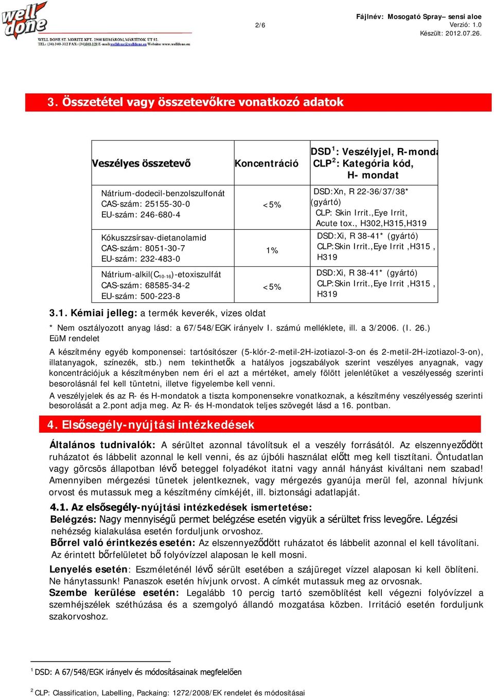 232-483-0 Nátrium-alkil(C 10-16)-etoxiszulfát CAS-szám: 68585-34-2 EU-szám: 500-223-8 Koncentráció <5% 1% <5% DSD 1 : Veszélyjel, R-monda CLP 2 : Kategória kód, H- mondat DSD:Xn, R 22-36/37/38*