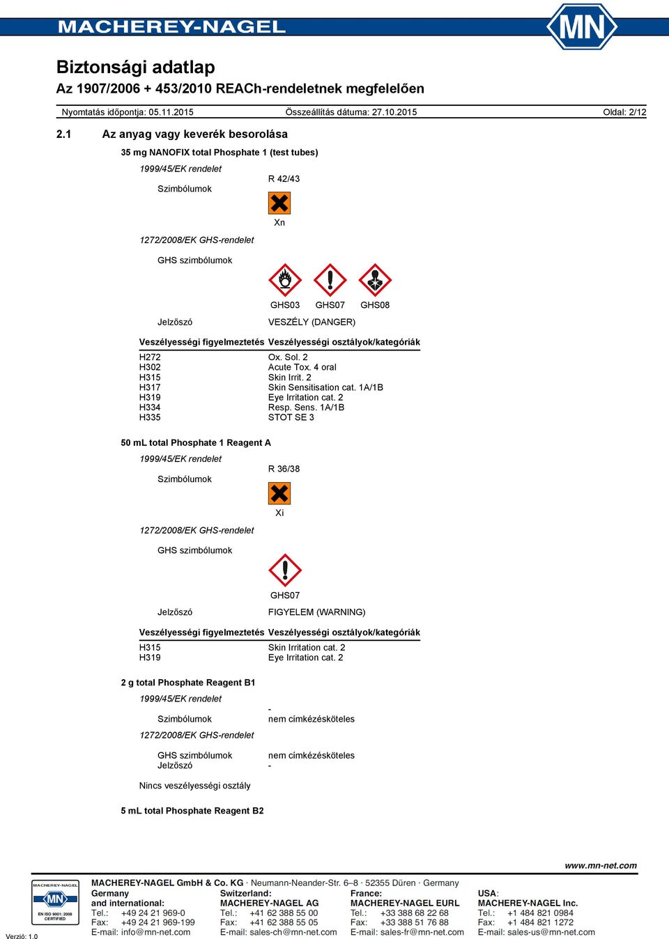 osztályok/kategóriák H272 Ox. Sol. 2 H302 Acute Tox. 4 oral H315 Skin Irrit. 2 H317 Skin Sensi