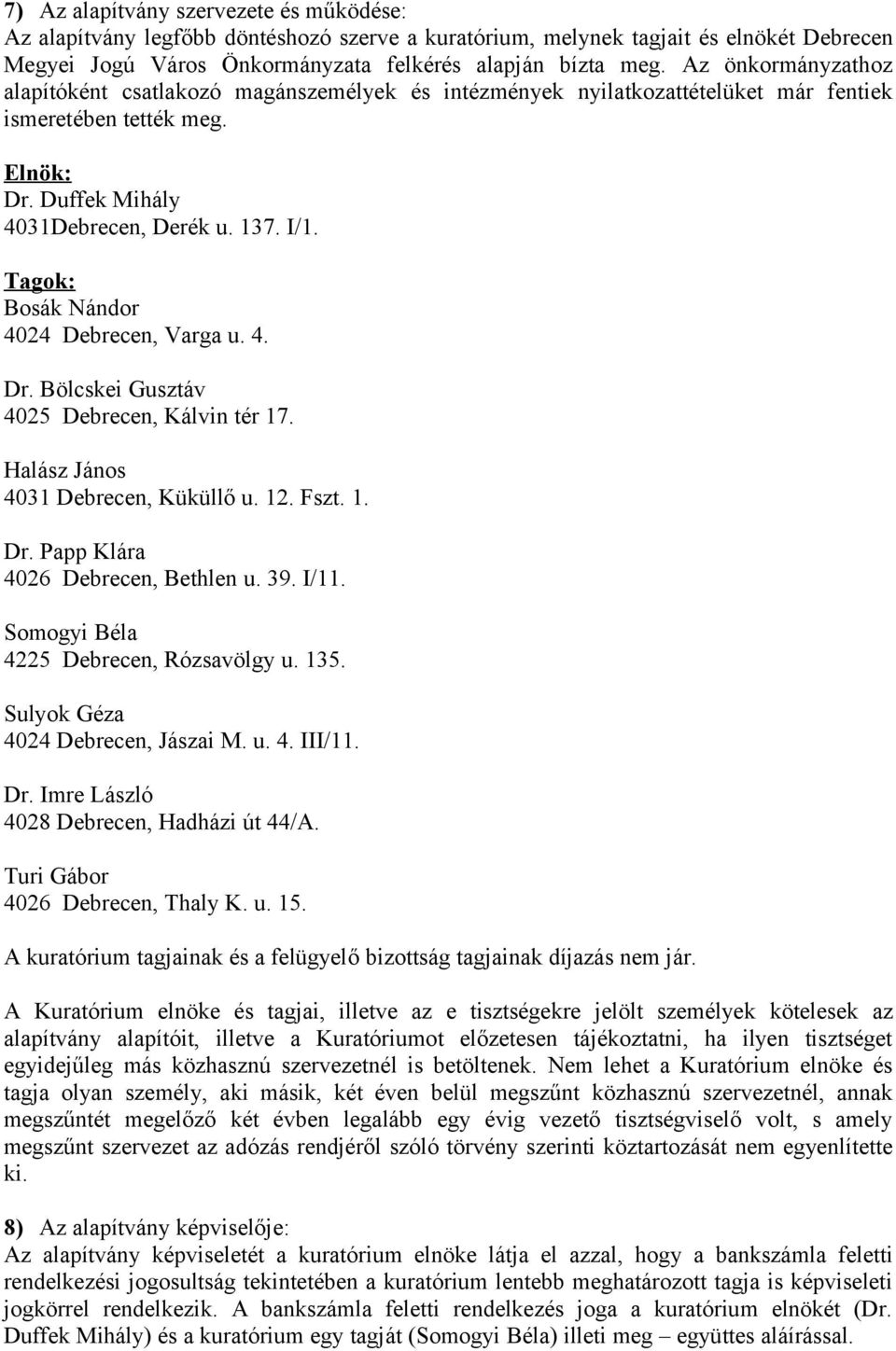 Tagok: Bosák Nándor 4024 Debrecen, Varga u. 4. Dr. Bölcskei Gusztáv 4025 Debrecen, Kálvin tér 17. Halász János 4031 Debrecen, Küküllő u. 12. Fszt. 1. Dr. Papp Klára 4026 Debrecen, Bethlen u. 39. I/11.