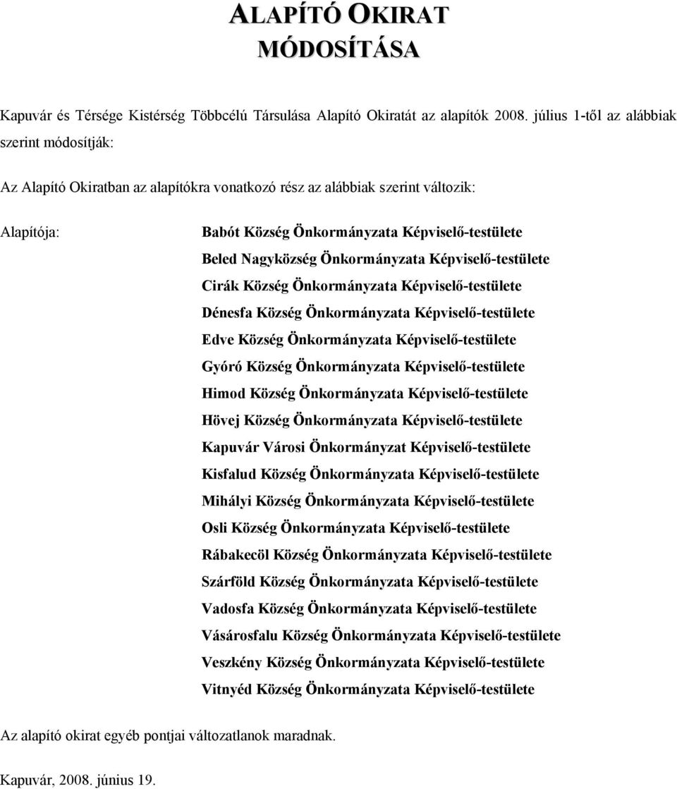 Önkormányzata Képviselő-testülete Cirák Község Önkormányzata Képviselő-testülete Dénesfa Község Önkormányzata Képviselő-testülete Edve Község Önkormányzata Képviselő-testülete Gyóró Község