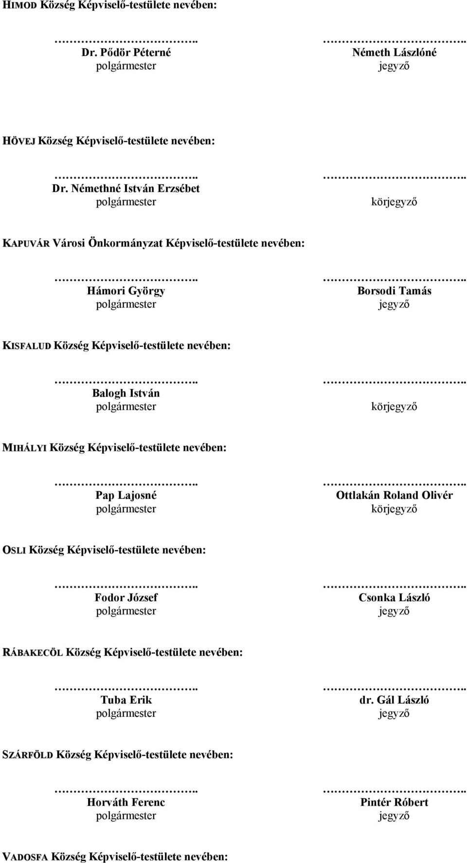 : Balogh István kör MIHÁLYI Község Képviselő-testülete : Pap Lajosné Ottlakán Roland Olivér kör OSLI Község Képviselő-testülete : Fodor József