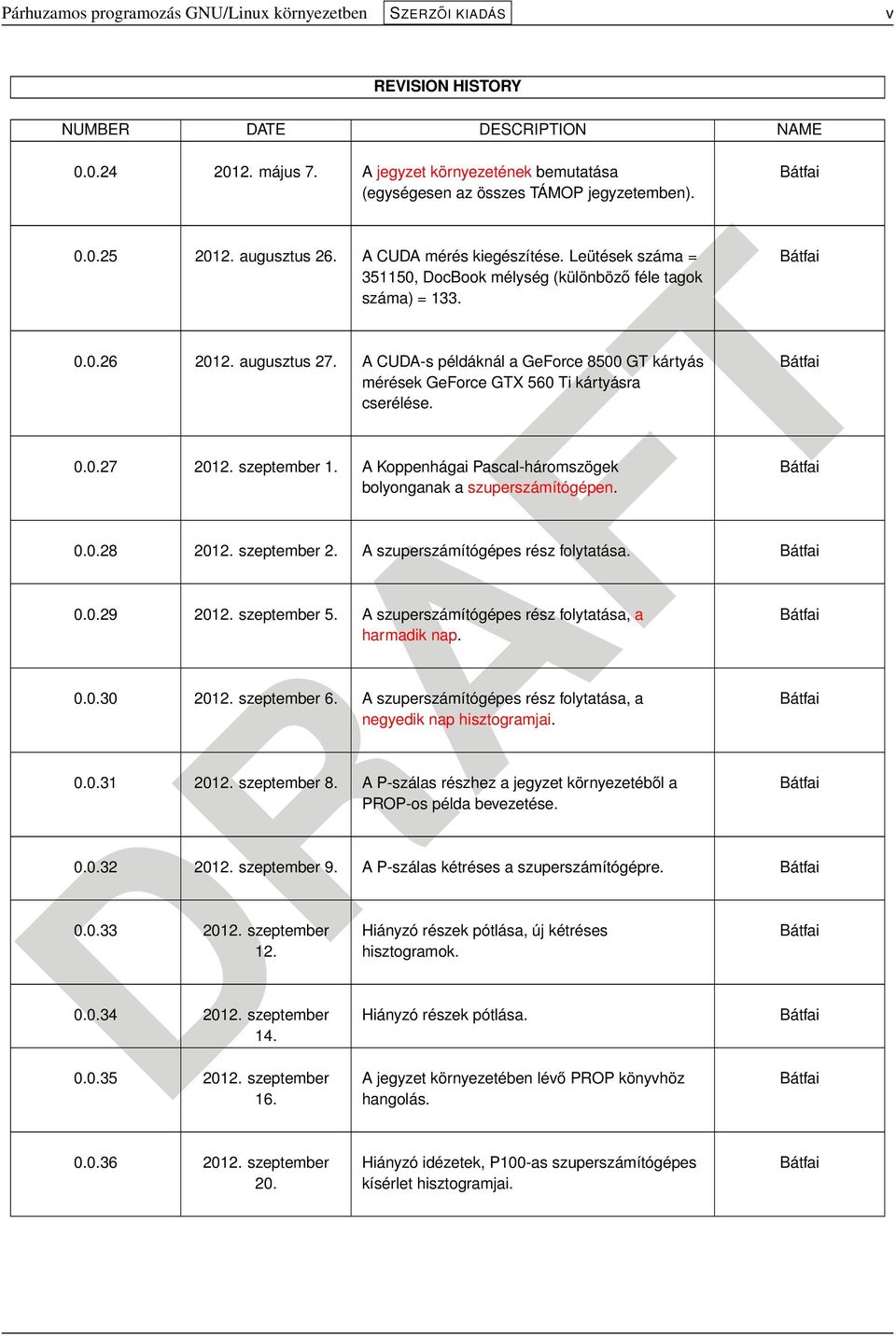 Leütések száma = 351150, DocBook mélység (különböző féle tagok száma) = 133. 0.0.26 2012. augusztus 27. A CUDA-s példáknál a GeForce 8500 GT kártyás mérések GeForce GTX 560 Ti kártyásra cserélése. 0.0.27 2012.