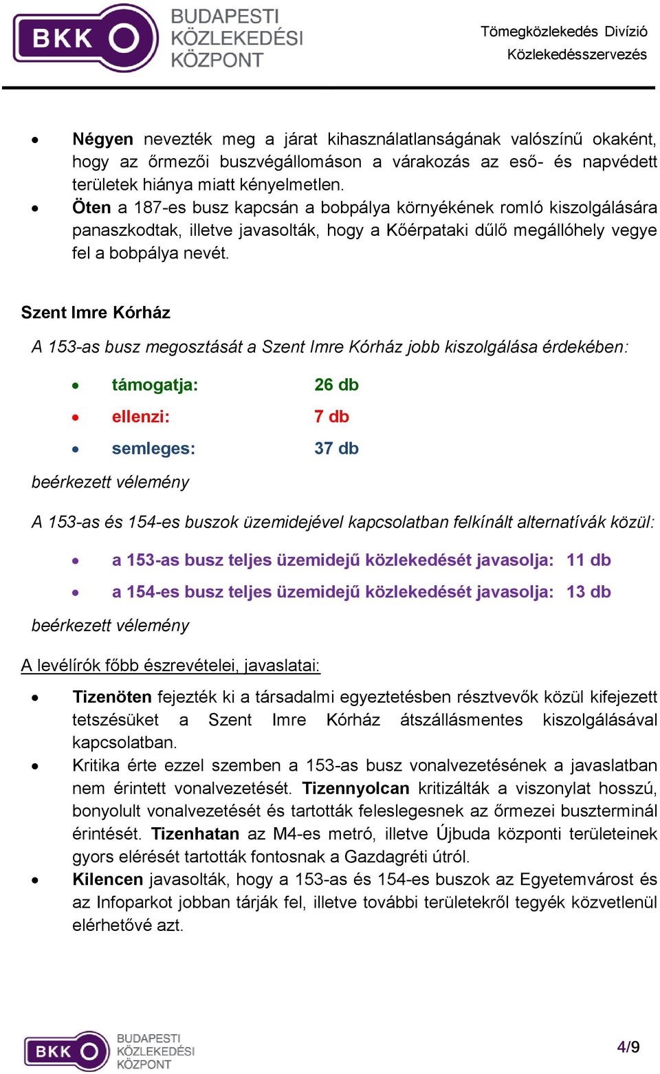 Szent Imre Kórház A 153-as busz megosztását a Szent Imre Kórház jobb kiszolgálása érdekében: támogatja: 26 db ellenzi: 7 db semleges: 37 db beérkezett vélemény A 153-as és 154-es buszok üzemidejével