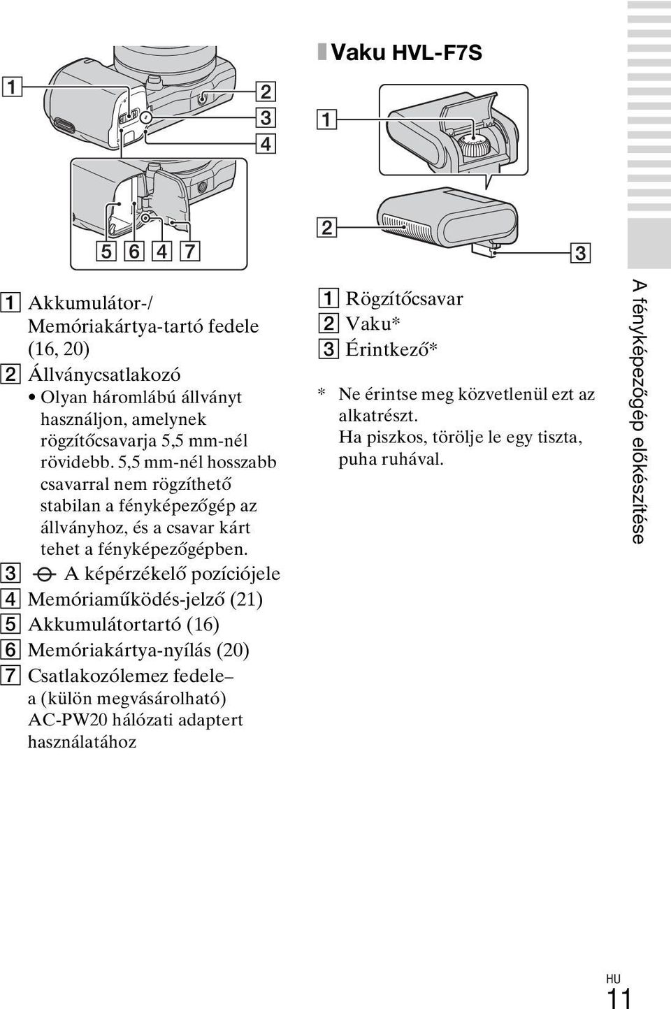 C A képérzékelő pozíciójele D Memóriaműködés-jelző (21) E Akkumulátortartó (16) F Memóriakártya-nyílás (20) G Csatlakozólemez fedele a (külön megvásárolható) AC-PW20