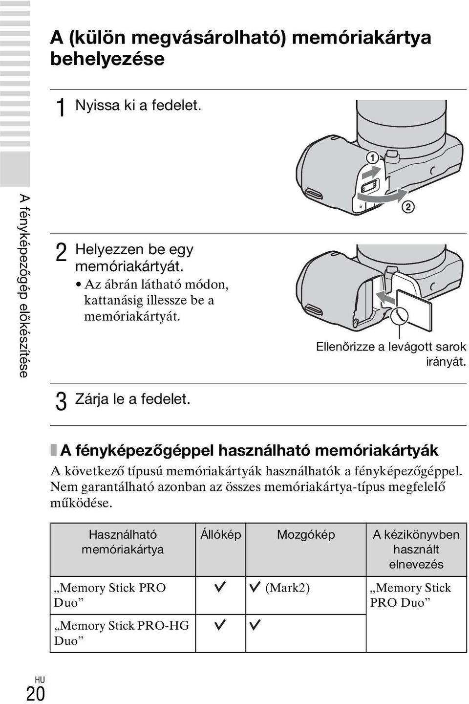 x A fényképezőgéppel használható memóriakártyák A következő típusú memóriakártyák használhatók a fényképezőgéppel.