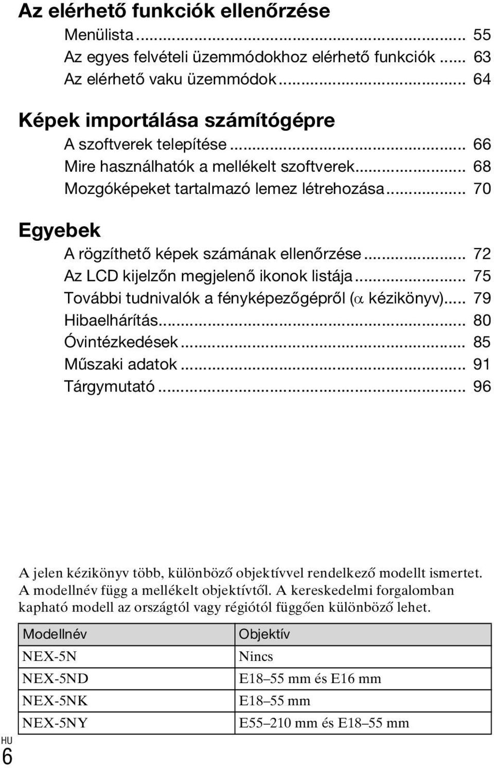 .. 75 További tudnivalók a fényképezőgépről (α kézikönyv)... 79 Hibaelhárítás... 80 Óvintézkedések... 85 Műszaki adatok... 91 Tárgymutató.