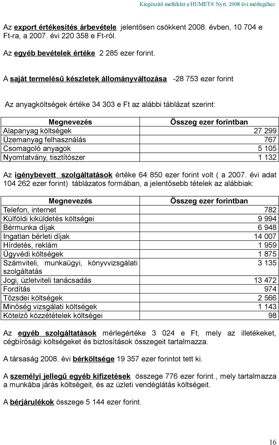 Üzemanyag felhasználás 767 Csomagoló anyagok 5 105 Nyomtatvány, tisztítószer 1 132 Az igénybevett szolgáltatások értéke 64 850 ezer forint volt ( a 2007.