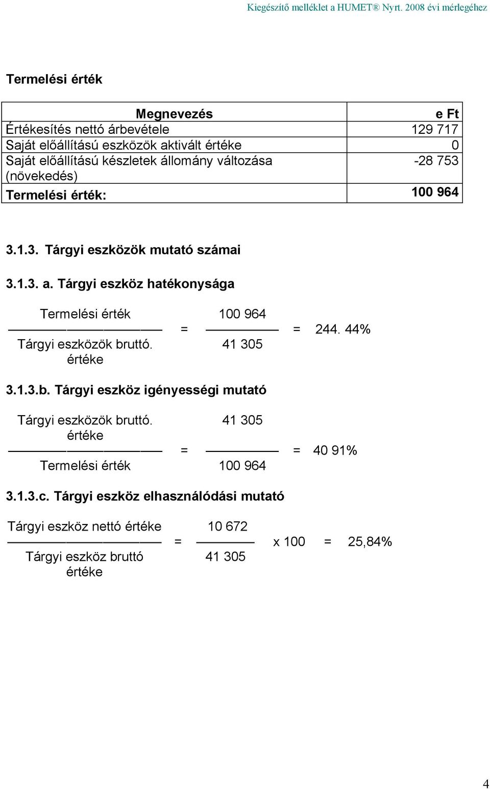 Tárgyi eszköz hatékonysága Termelési érték 100 964 = = 244. 44% Tárgyi eszközök bruttó. értéke 41 305 3.1.3.b. Tárgyi eszköz igényességi mutató Tárgyi eszközök bruttó.