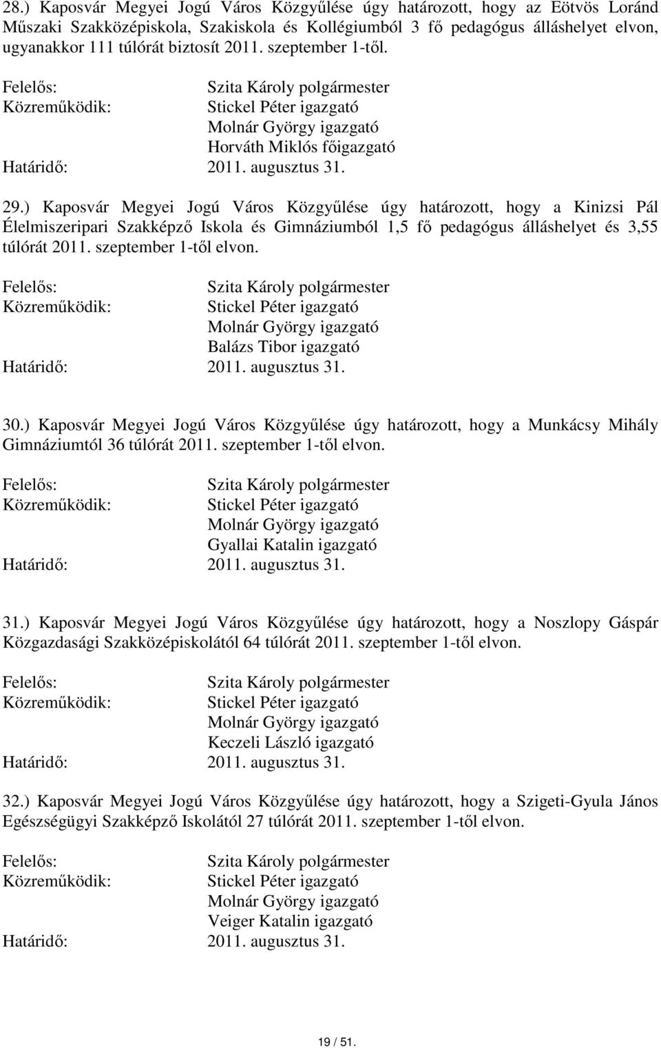 ) Kaposvár Megyei Jogú Város Közgyűlése úgy határozott, hogy a Kinizsi Pál Élelmiszeripari Szakképző Iskola és Gimnáziumból 1,5 fő pedagógus álláshelyet és 3,55 túlórát 2011. szeptember 1-től elvon.