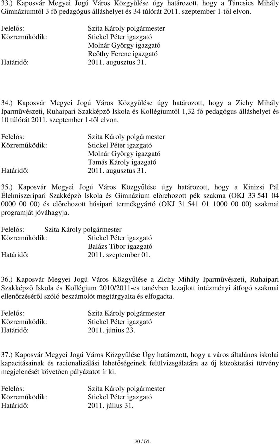 ) Kaposvár Megyei Jogú Város Közgyűlése úgy határozott, hogy a Zichy Mihály Iparművészeti, Ruhaipari Szakképző Iskola és Kollégiumtól 1,32 fő pedagógus álláshelyet és 10 túlórát 2011.