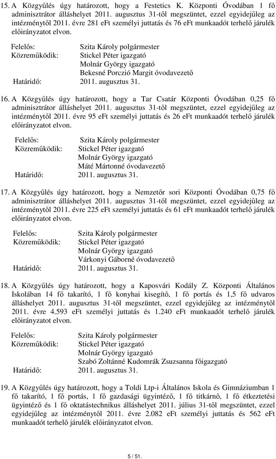 A Közgyűlés úgy határozott, hogy a Tar Csatár Központi Óvodában 0,25 fő adminisztrátor álláshelyet 2011. augusztus 31-től megszüntet, ezzel egyidejűleg az intézménytől 2011.