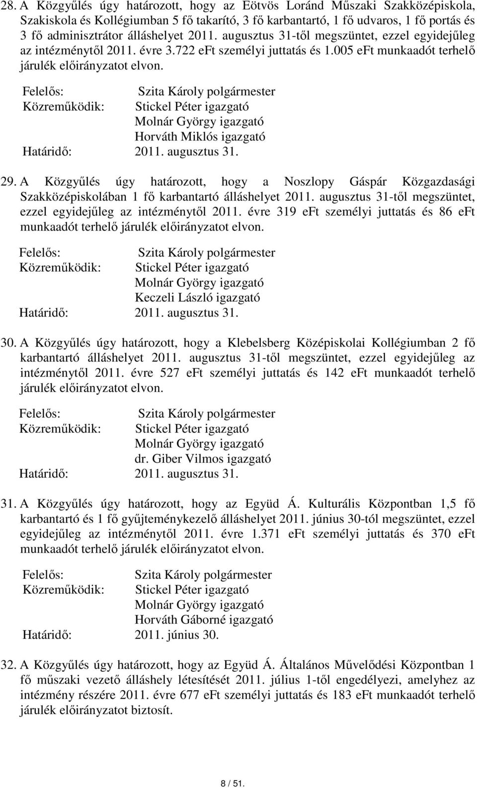 Stickel Péter igazgató Horváth Miklós igazgató 2011. augusztus 31. 29. A Közgyűlés úgy határozott, hogy a Noszlopy Gáspár Közgazdasági Szakközépiskolában 1 fő karbantartó álláshelyet 2011.