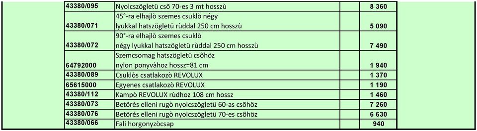 hossz=81 cm 1 940 43380/089 Csuklòs csatlakozò REVOLUX 1 370 65615000 Egyenes csatlakozò REVOLUX 1 190 43380/112 Kampò REVOLUX rùdhoz 108 cm hossz 1