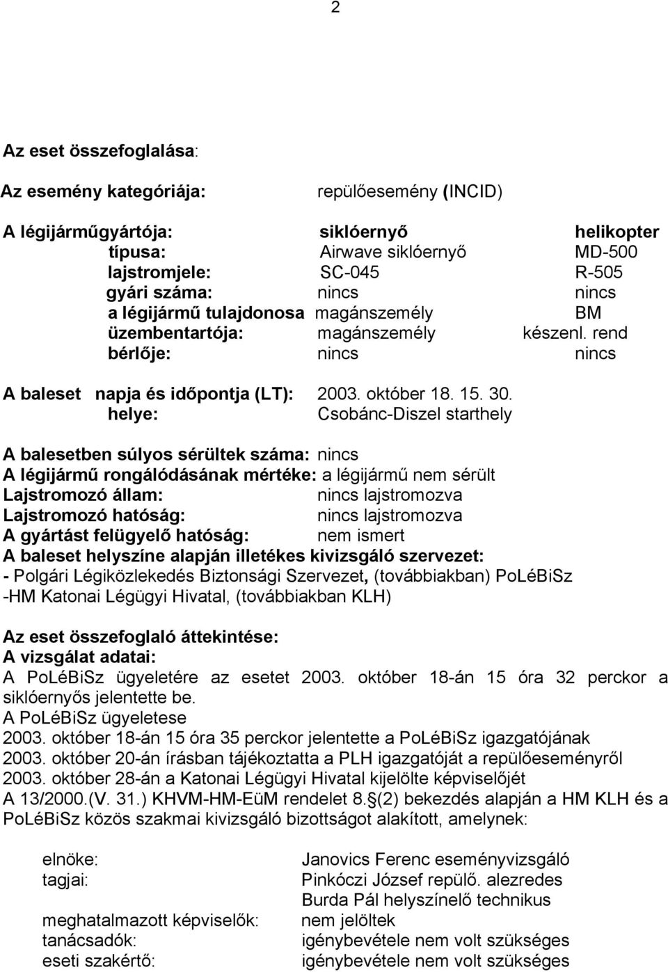 helye: Csobánc-Diszel starthely A balesetben súlyos sérültek száma: nincs A légijármű rongálódásának mértéke: a légijármű nem sérült Lajstromozó állam: nincs lajstromozva Lajstromozó hatóság: nincs