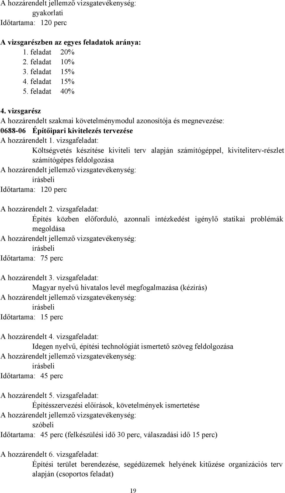 vizsgafeladat: Költségvetés készítése kiviteli terv alapján számítógéppel, kiviteliterv-részlet számítógépes feldolgozása A hozzárendelt jellemző vizsgatevékenység: írásbeli Időtartama: 120 perc A