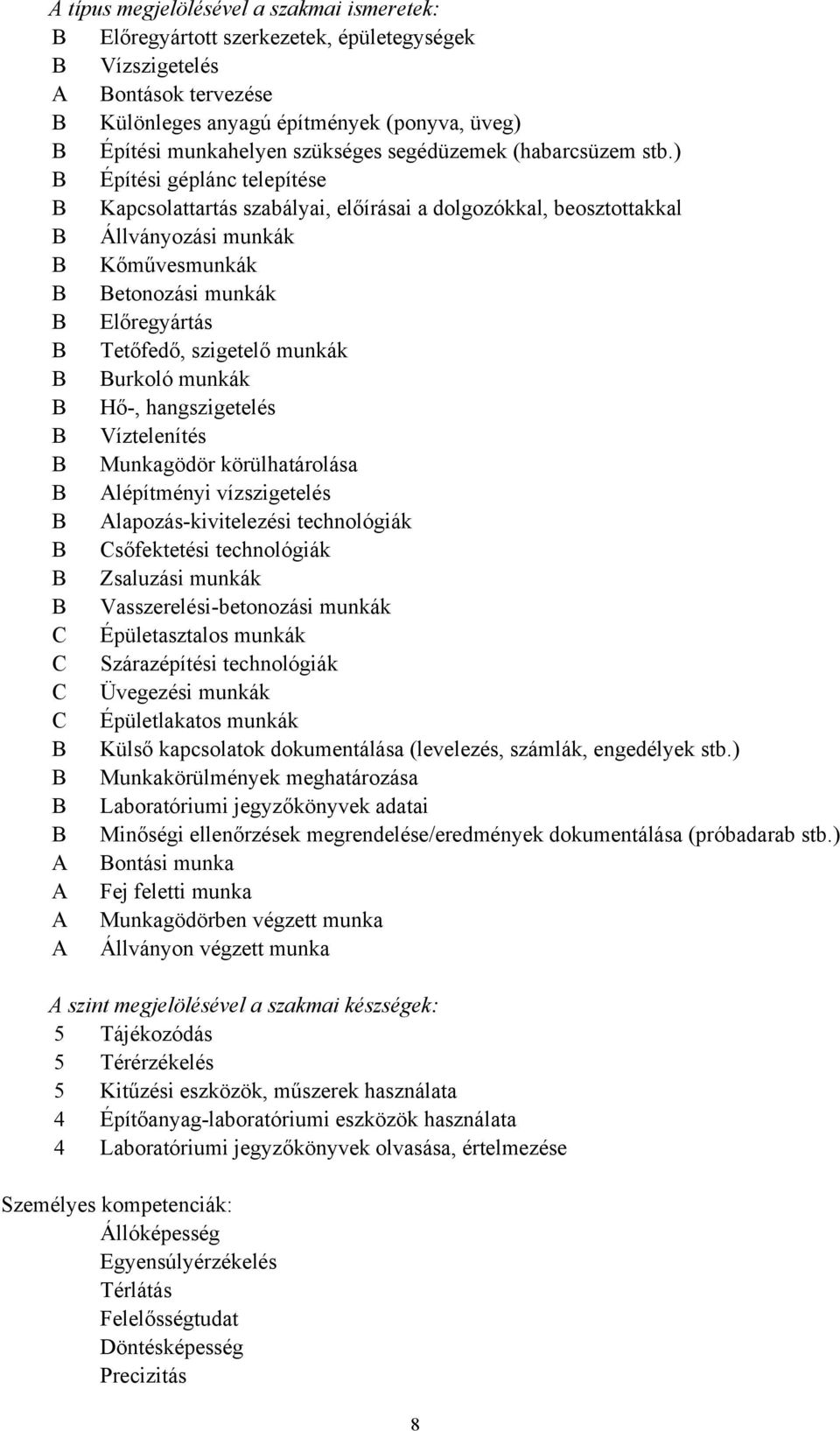 ) B Építési géplánc telepítése B Kapcsolattartás szabályai, előírásai a dolgozókkal, beosztottakkal B Állványozási munkák B Kőművesmunkák B Betonozási munkák B Előregyártás B Tetőfedő, szigetelő