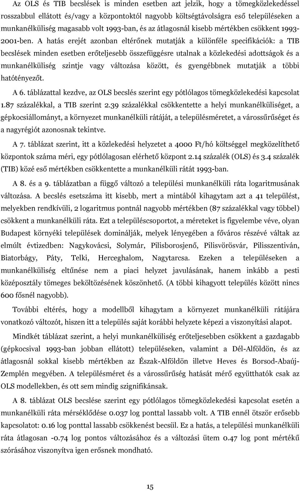 A hatás erejét azonban eltérőnek mutatják a különféle specifikációk: a TIB becslések minden esetben erőteljesebb összefüggésre utalnak a közlekedési adottságok és a munkanélküliség szintje vagy