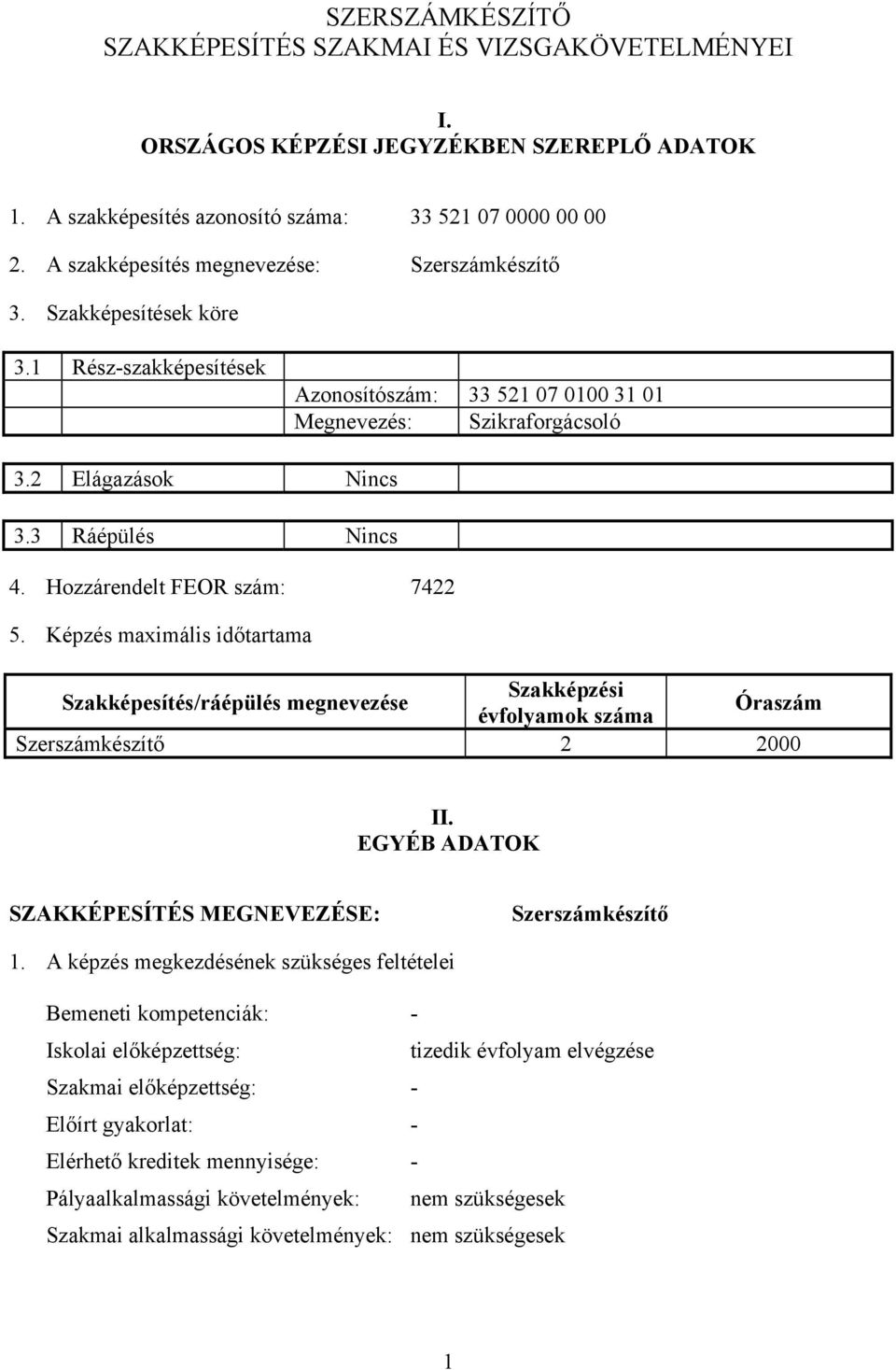 Hozzárendelt FEOR szám: 7422 5. Képzés maximális időtartama Szakképesítés/ráépülés megnevezése Szakképzési évfolyamok száma Óraszám Szerszámkészítő 2 2000 II.