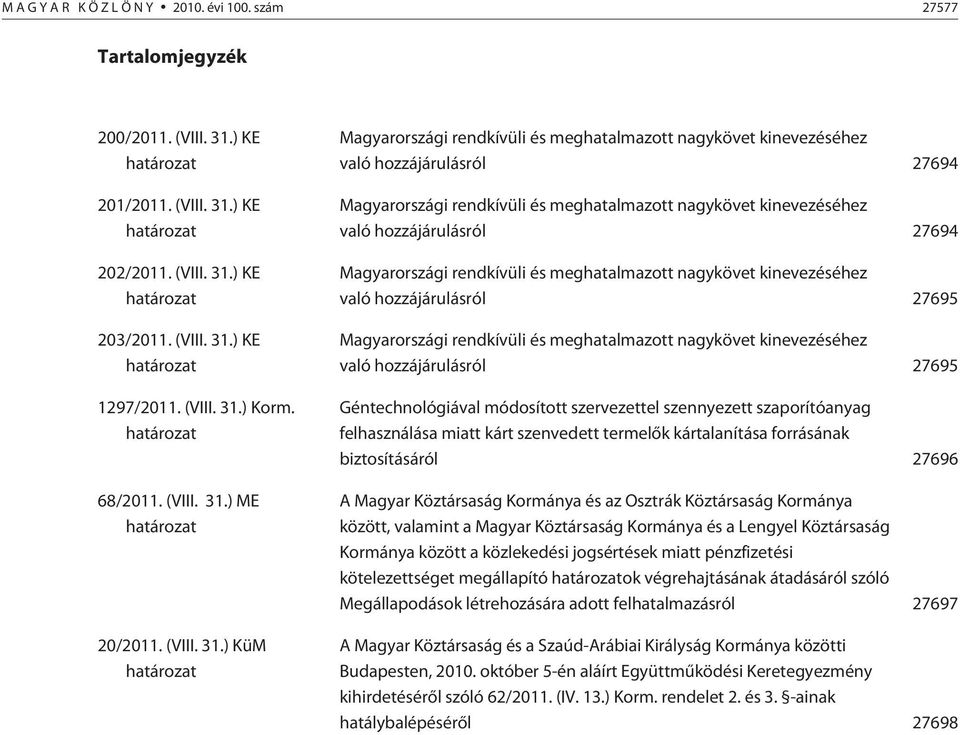 ) Korm. határozat 68/2011. ) ME határozat 20/2011.