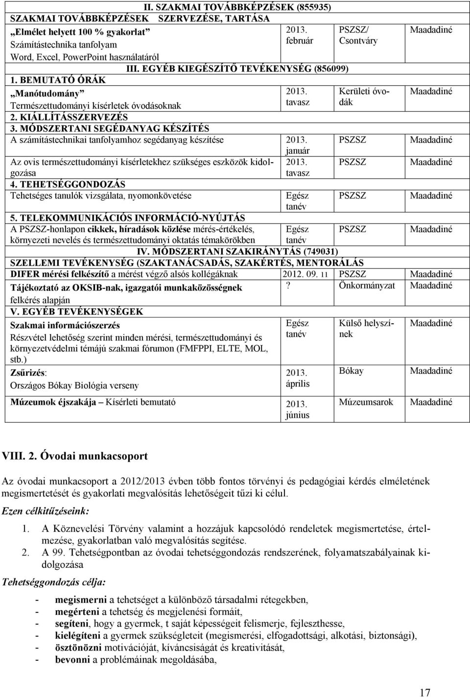 MÓDSZERTANI SEGÉDANYAG KÉSZÍTÉS A számítástechnikai tanfolyamhoz segédanyag készítése 2013. január Az ovis természettudományi kísérletekhez szükséges eszközök kidolgozása 4.