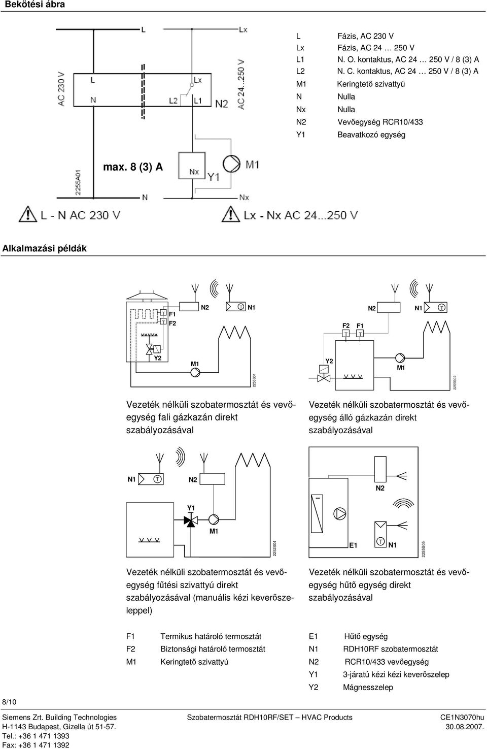 8 (3) A Alkalmazási példák F1 F2 N1 F2 F1 N1 Y2 M1 Y2 M1 2255S01 2255S02 Vezeték nélküli szobatermosztát és vevőegység fali gázkazán direkt szabályozásával Vezeték nélküli szobatermosztát és