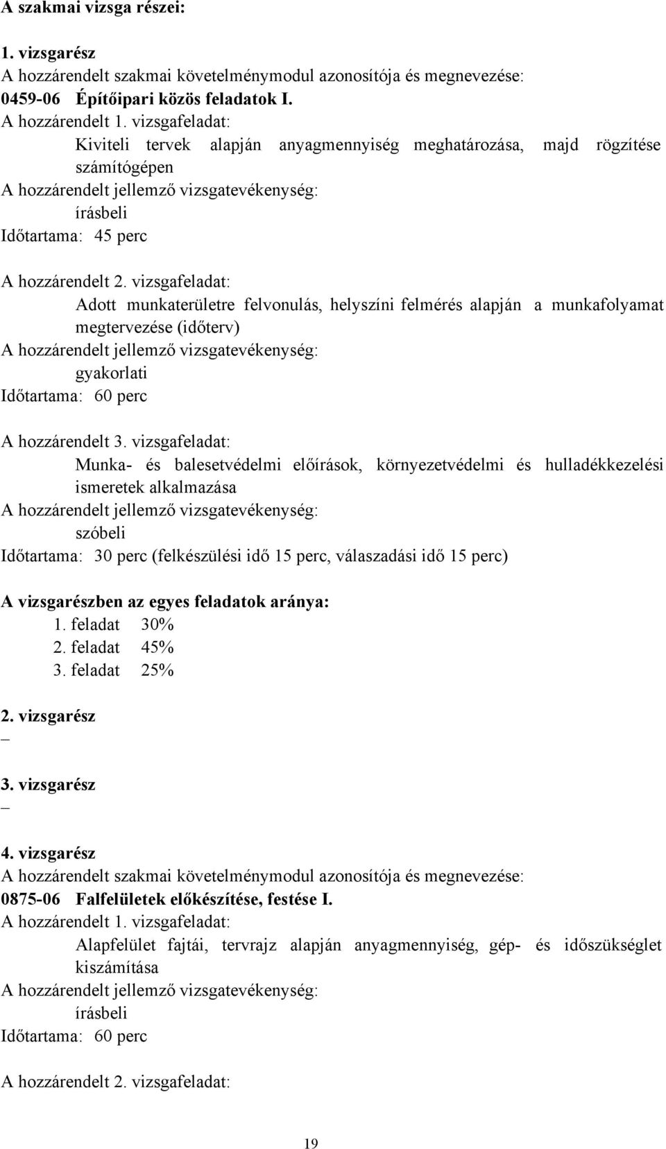 vizsgafeladat: Adott munkaterületre felvonulás, helyszíni felmérés alapján a munkafolyamat megtervezése (időterv) A hozzárendelt jellemző vizsgatevékenység: gyakorlati Időtartama: 60 perc A