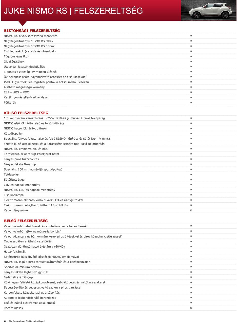 hátsó szélső üléseken Állítható magasságú kormány ESP + ABS + VDC Keréknyomás ellenőrző rendszer Pótkerék KÜLSŐ FELSZERELTSÉG 18" könnyűfém keréktárcsák, 225/45 R18-as gumikkal + piros féknyereg