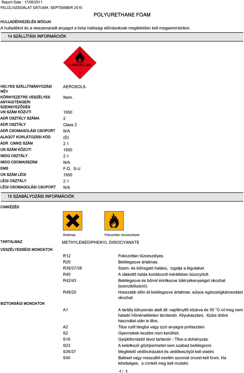 CIMKE SZÁM UN SZÁM KÖZUTI IMDG OSZTÁLY IMDG CSOMAGSZÁM EMS UN SZÁM LÉGI LÉGI OSZTÁLY LÉGI CSOMAGOLÁSI CSOPORT AEROSOLS Nem.