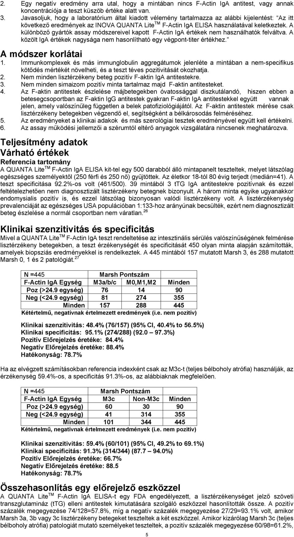 A különböző gyártók assay módszereivel kapott F-Actin IgA értékek nem használhatók felváltva. A közölt IgA értékek nagysága nem hasonlítható egy végpont-titer értékhez. A módszer korlátai 1.