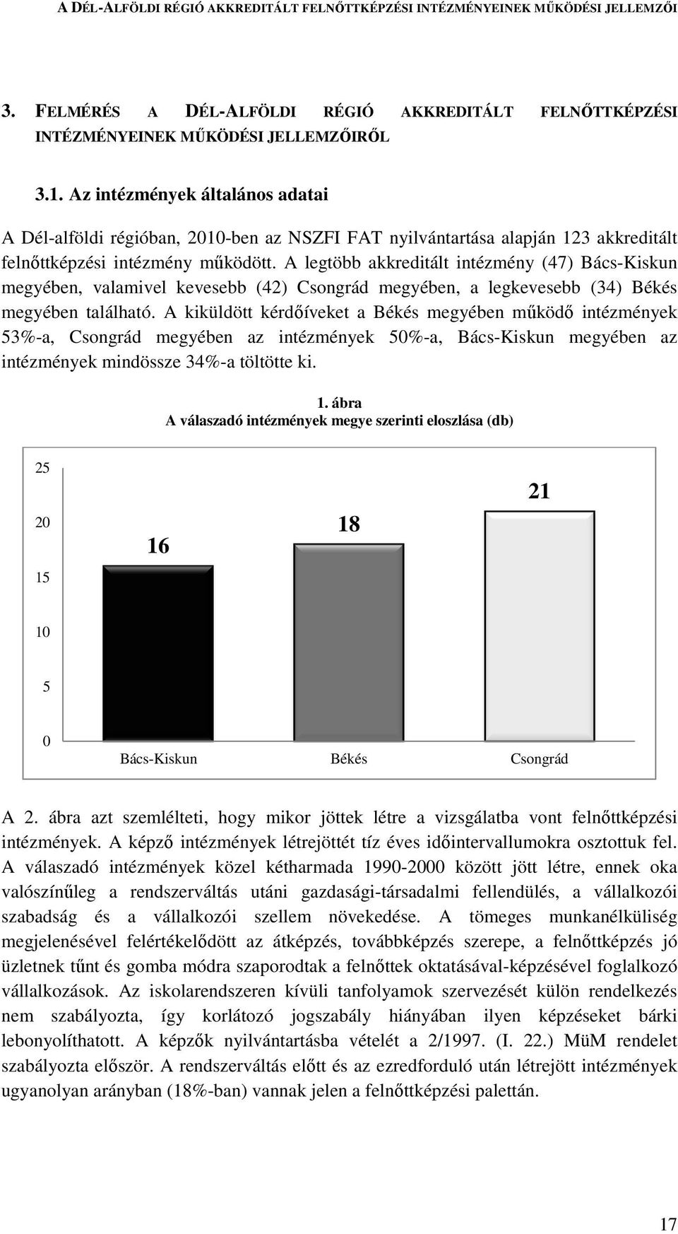 A legtöbb akkreditált intézmény (47) Bács-Kiskun megyében, valamivel kevesebb (42) Csongrád megyében, a legkevesebb (34) Békés megyében található.