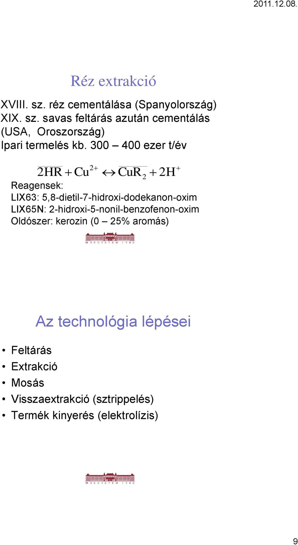 2-hidroxi-5-nonil-benzofenon-oxim Oldószer: kerozin (0 25% aromás) Az technológia lépései Feltárás