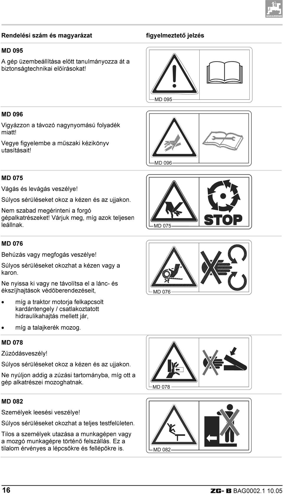 Várjuk meg, míg azok teljesen leállnak. MD 076 Behúzás vagy megfogás veszélye! Súlyos sérüléseket okozhat a kézen vagy a karon.