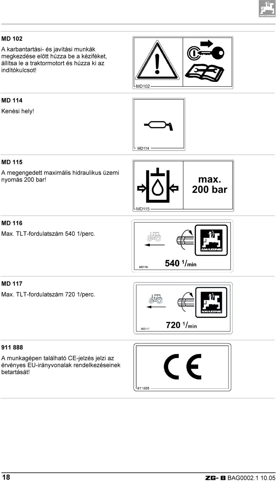 MD 115 A megengedett maximális hidraulikus üzemi nyomás 200 bar! MD 116 Max. TLT-fordulatszám 540 1/perc.