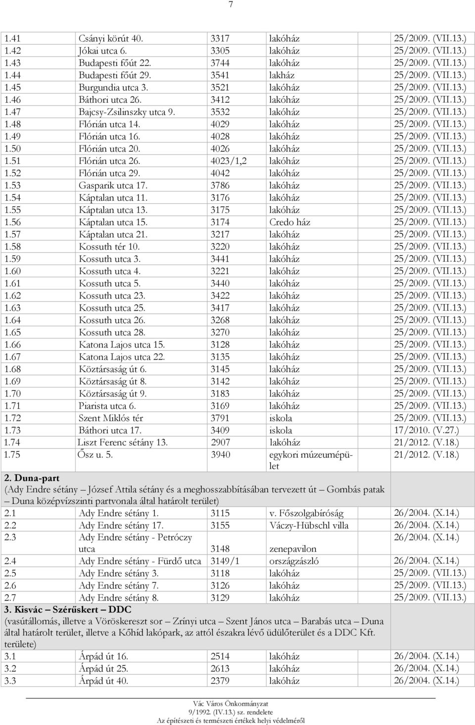 4029 lakóház 25/2009. (VII.13.) 1.49 Flórián utca 16. 4028 lakóház 25/2009. (VII.13.) 1.50 Flórián utca 20. 4026 lakóház 25/2009. (VII.13.) 1.51 Flórián utca 26. 4023/1,2 lakóház 25/2009. (VII.13.) 1.52 Flórián utca 29.